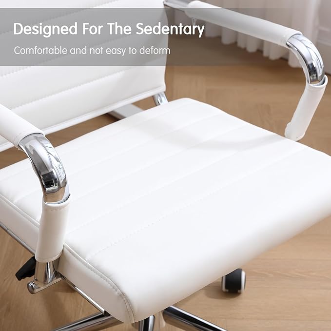 Home Office Chair Ribbed, Modern Leather Conference Room Chairs, Ergonomic Office Desk Chair, High Back Executive Computer Chair, Adjustable Swivel Chair with Arms (White)