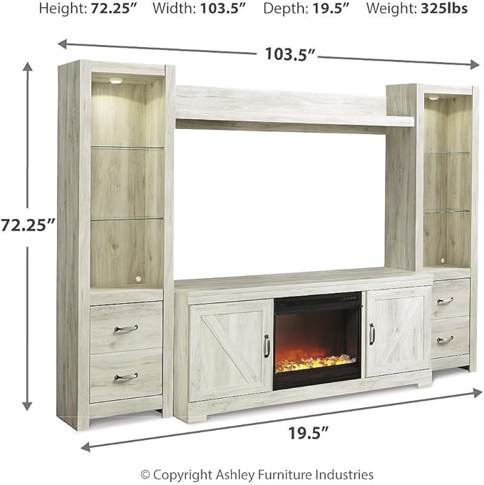 Signature Design by Ashley Bellaby Farmhouse 4-Piece Entertainment Center for TVs up to 72" with Fireplace and LED Lighting, Whitewash