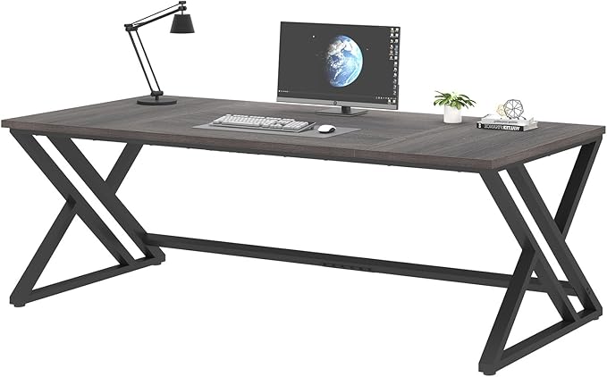 LVB 78.7 Long Executive Desk, Modern Large Computer Office Desk, Wood Metal Simple Pc Study Gaming Writing Table, Industrial Laptop Desk Workstation for Home Bedroom Living Room, Dark Gray, 78.7 Inch