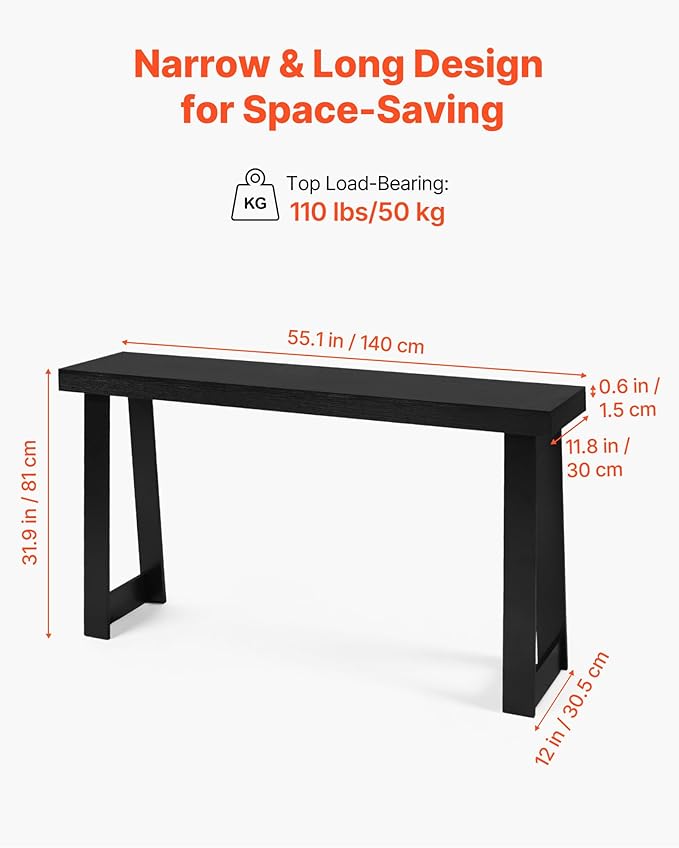 VEVOR 56 in Console Table, Modern Desk Behind The Couch, Wooden Rectangle Entrance Desk, Narrow Long Sofa Table Accent Stand, Ideal for Hallway, Bedroom, Living Room, Foyer, Easy Assembly, Black