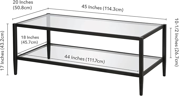 Henn&Hart 45" Wide Rectangular Coffee Table with Glass Shelf in Blackened Bronze, Modern coffee tables for living room, studio apartment essentials