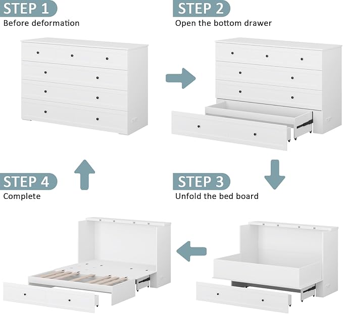Queen Murphy Bed with Storage & Charging Station, Murphy Cabinet with Foldable Panel, Noisy Free, for Guest Bedroom, Living Room, Office, Distressed White