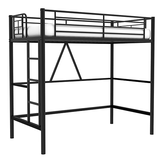 VECELO Metal Loft Bed Twin Size, Heavy Duty Bedframe with Removable Ladder and Safety Guardrail, Space-Saving, Noise Free, No Box Spring Needed, Black