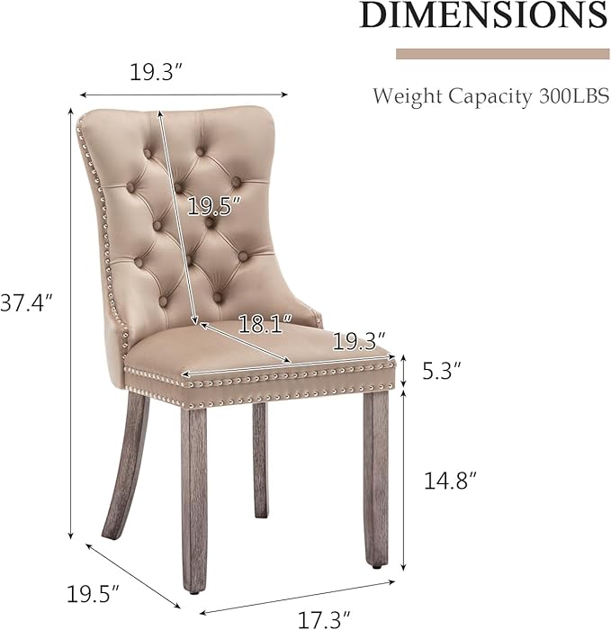 Velvet Dining Chairs Set of 4, Upholstered Dining Room Chairs with Nailhead Ring Pull Trim, Button Tufted Wing Back Chairs for Dining with Solid Wood Legs for Kitchen Dining Room(Khaki)