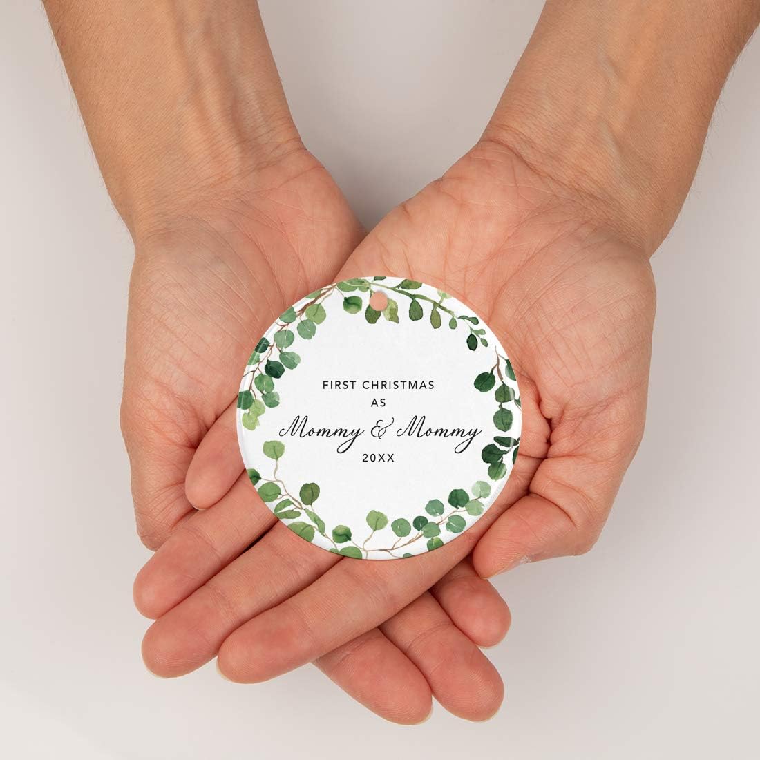 Andaz Press Custom Year Round Ceramic Porcelain Christmas Tree Ornament Keepsake Collectible Gift, First Christmas as Mommy & Mommy 2025, Farmhouse Eucalyptus Wreath, 1-PackLesbian Couple