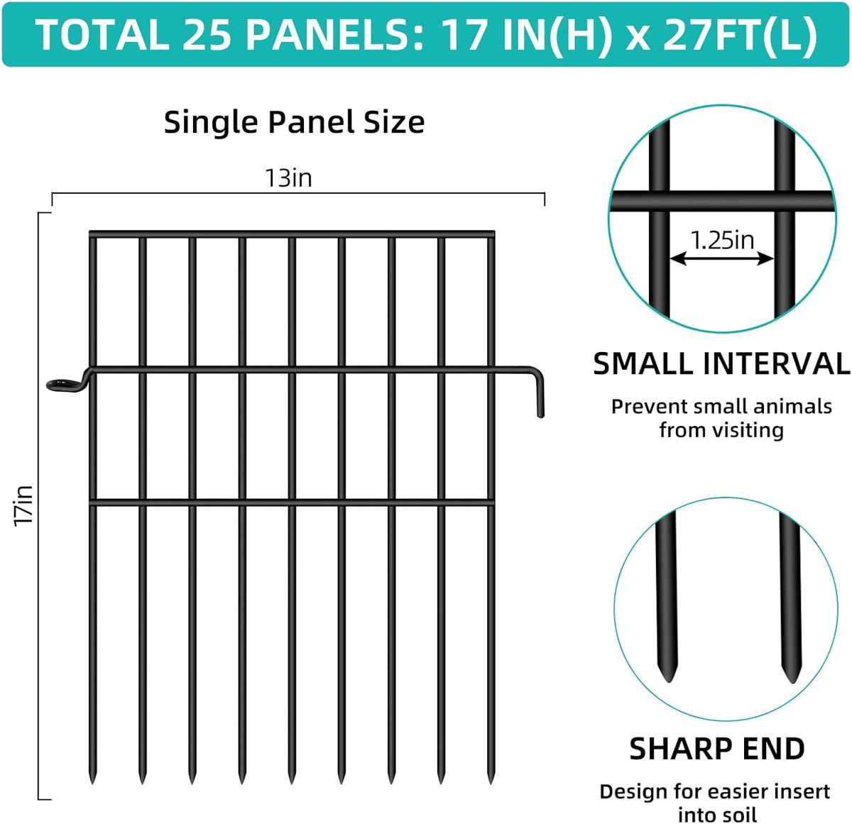 Animal Barrier Fence, 25 Panels No Dig Fences, 17in(H) X 27ft(L) Garden Fence Animal Barrier for Rabbits and Dog Under Fence Barrier, Rustproof Metal Fences Border for Outdoor, Yard, Patio