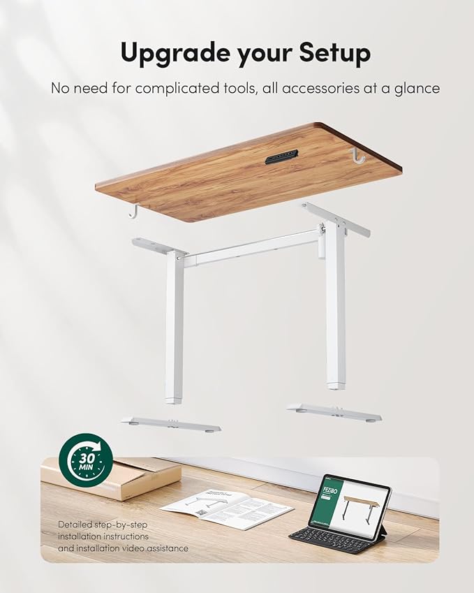 FEZIBO One-Piece Standing Desk Adjustable Height Stand up Home Office Desk, 32x20 Inch Electric Standing Computer Desk, with 4 Memory Presets, Headphone Hook, Light Rustic