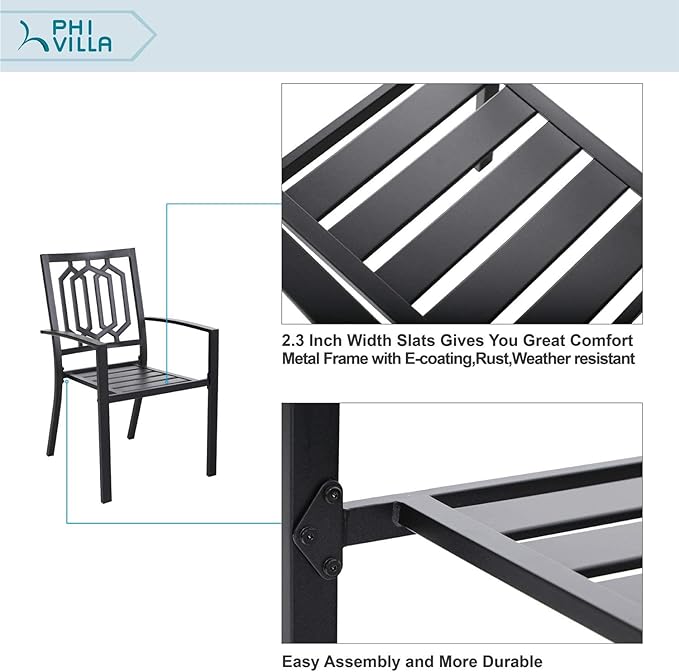 PHI VILLA Metal Outdoor Dining Chairs Set of 2 - Stackable Black Patio Chairs, 300lb Capacity (Geometry)