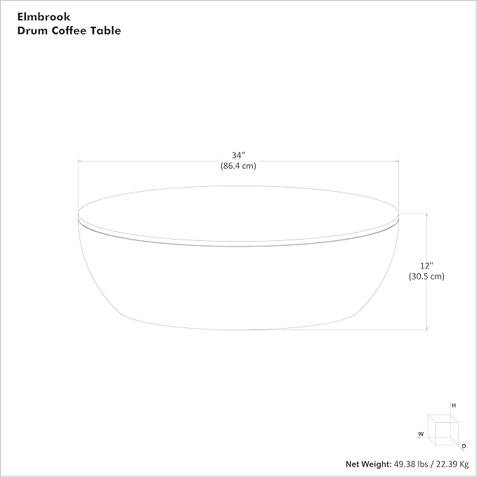 SIMPLIHOME Elmbrook Coffee Table - 34 inch Wide Solid Mango Wood Modern Industrial Round Drum Cocktail Table in Walnut Brown, Sculptural Living Room Table with Low Profile Design, Assembled