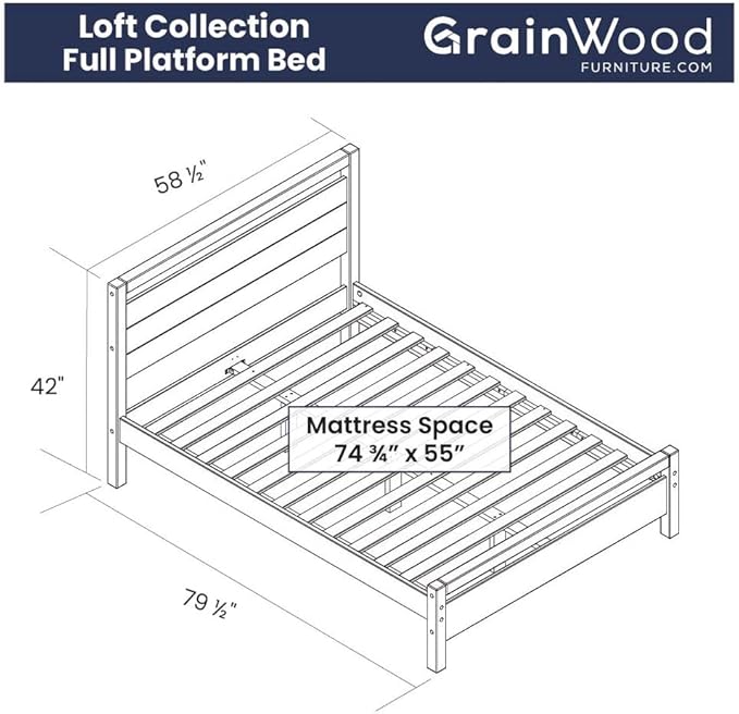 Grain Wood Furniture Loft Full Size Solid Wood Bed, Brushed White