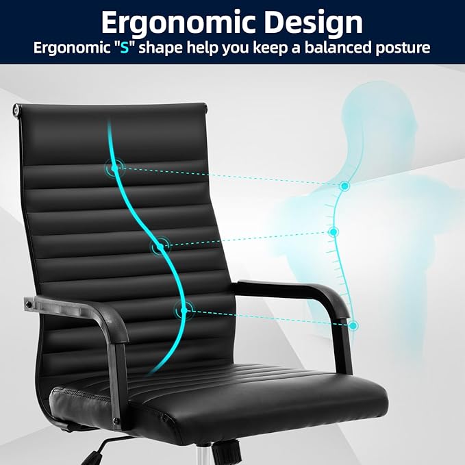 Office Chair, Ergonomic Executive Conference Room Chairs, Ribbed Leather Desk Chair with Lumbar Support, Adjustable Height Mid-Back Swivel Chair with Padded Seat and Square Tube Armrests