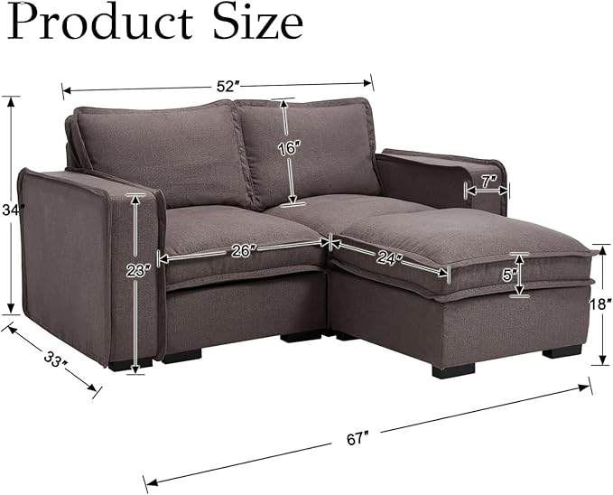 EALSON 67" Sectional Couch Modern Love Seat with Ottoman Modular Cloud Sofa with Deep Seat Comfy Linen Loveseat Sofa Convertible L Shaped Couches 2 Seater Couch for Living Room/Bedroom, Grey