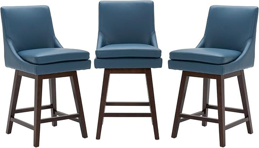 CHITA Counter Height Swivel Bar Stools Set of 3, FSC Certified Upholstered Faux Leather Barstool Chairs with Back, 26.8" H Seat Height, PU Leather in Dark Blue