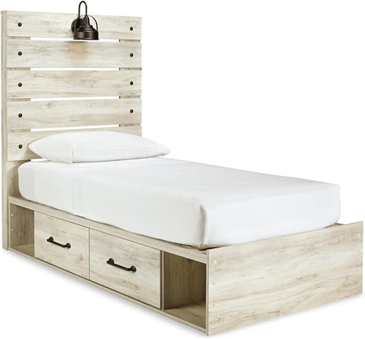 Signature Design by Ashley Cambeck Farmhouse Twin Panel Platform Bed with 2 Storage Drawers, Cubbies, Sconce Light and USB Ports, Foundation or Box Spring Not Needed, Whitewash