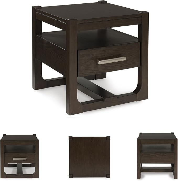 Signature Design by Ashley Breckington Modern End Table with 1 Drawer, Open Shelf and Trestle Base, Dark Brown