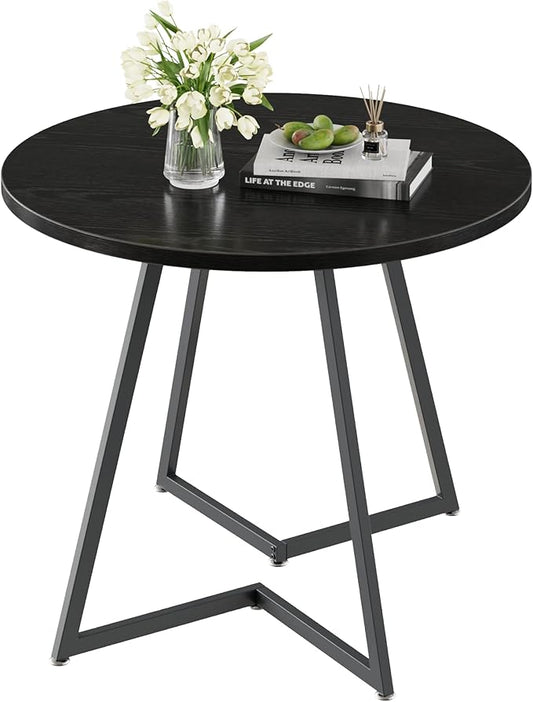 VECELO Round Dining Room Table with Wood Grain Tabletop and Steel Frame, for Kitchen, Living Room, Office, Conference, 2 to 4 Person, Black