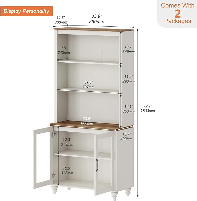 WAMPAT 5 Tier Farmhouse Bookshelf 72" Tall Bookcase with Doors, Large Display Book Shelf with Adjustable Shelves and Storage Cabinet Wood Bookshelves for Living Room & Study Room & Bedroom, White
