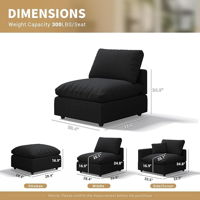 Modern Sectional Linen Cloud Couch for Living Room Armless Modular Filled-Down Sofas,Detachable Couch Cushion Covers,Cozy Feather Down Sofa for Apartment Black