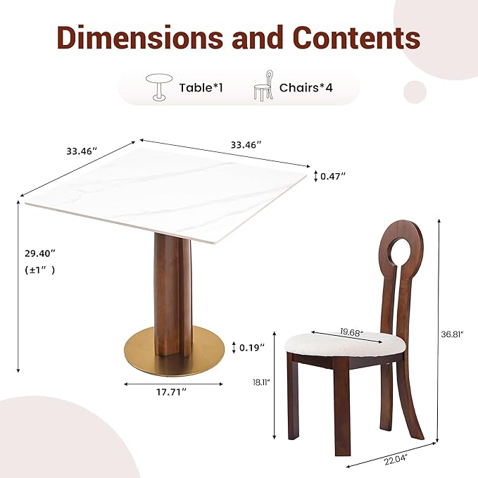 Sintered Stone Square Office Table and Chair Set - Meeting Table for Small Offices (Walnut‌ Leg and White Top, 1 Table and 4 Chairs)