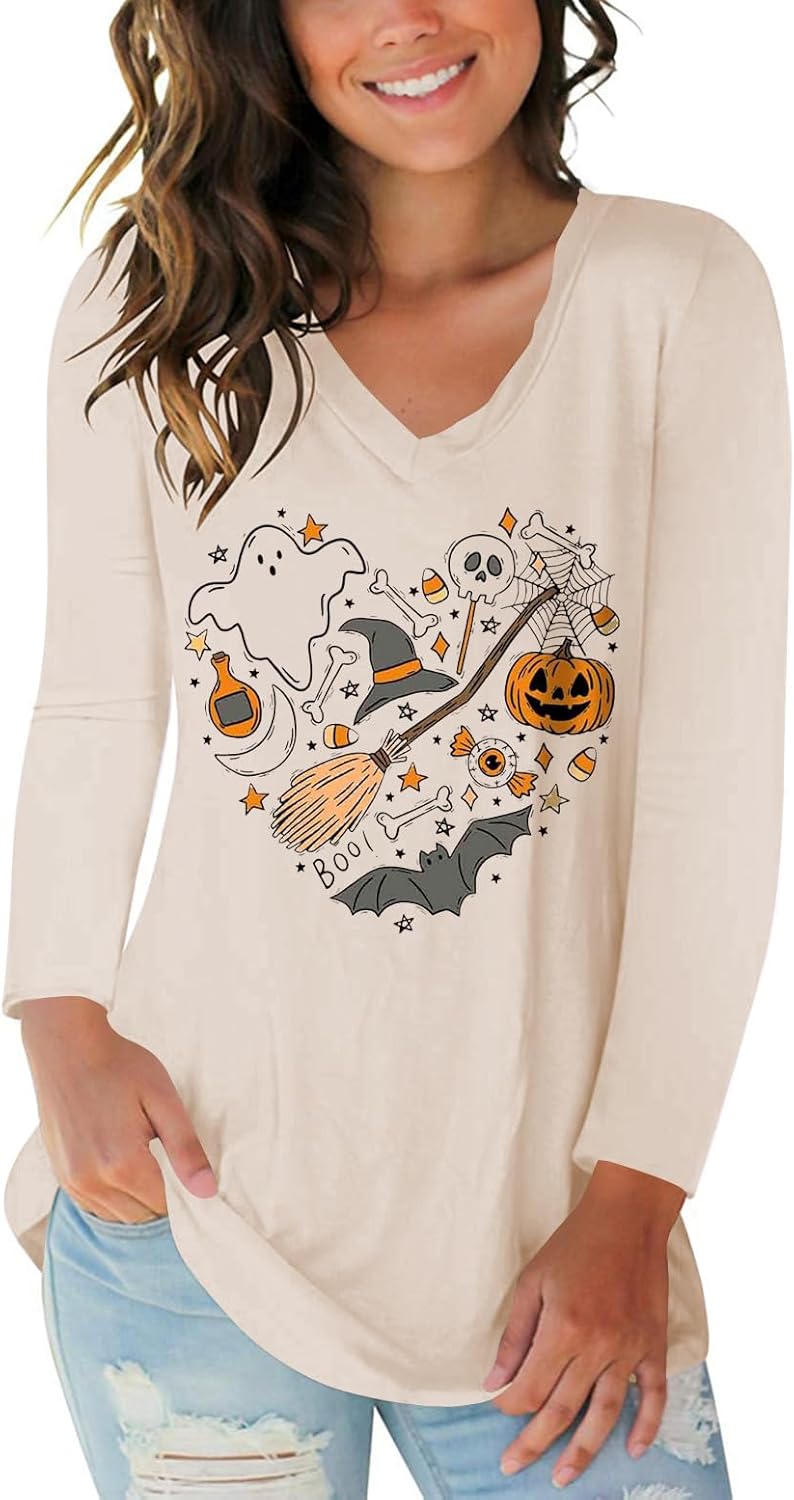 Tobrief Women's Long Sleeve V-Neck Shirts Fall Graphic Tees Loose Casual T-Shirt