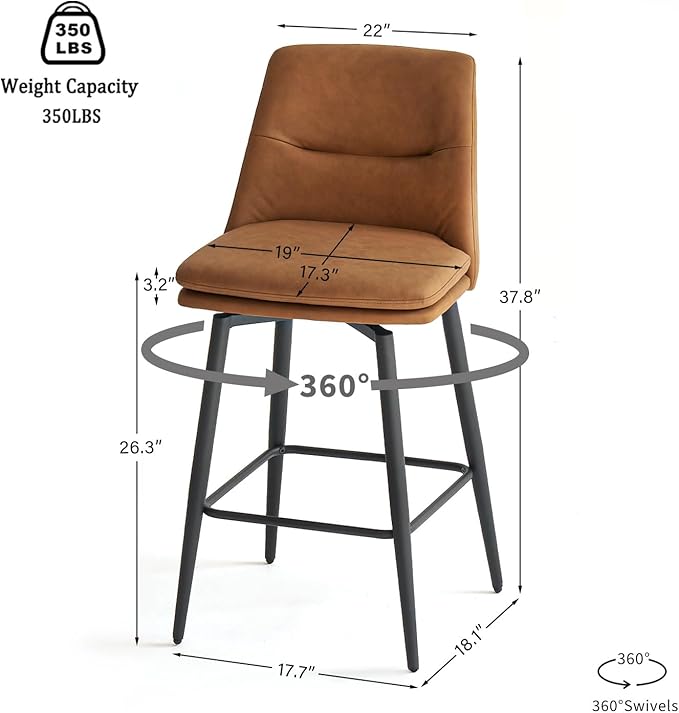 Brown Counter Height Bar Stools Set of 2, 26 Inch Seat Height with Back and Metal Legs, 360° Swivel Upholstered Faux Leather Swivel Bar Stools