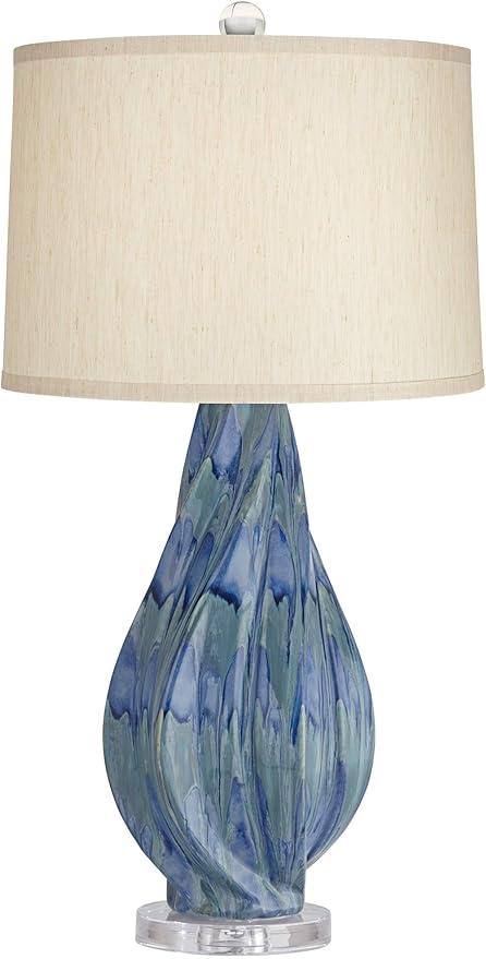 Possini Euro Design Teresa Modern Table Lamp with USB Charging Port 31" Tall Teal Blue Ceramic Beige Fabric Drum Shade Living Room Bedroom House Bedside Home Office Entryway (Color May Vary)