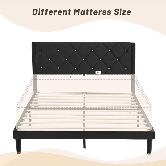 Queen Size Platform Bed Frame with Velvet Upholstered Headboard and Sturdy Wooden Slats Support,Mattress Foundation，Easy Assembly, No Box Spring Needed,Slip Resistant (Black, Queen)