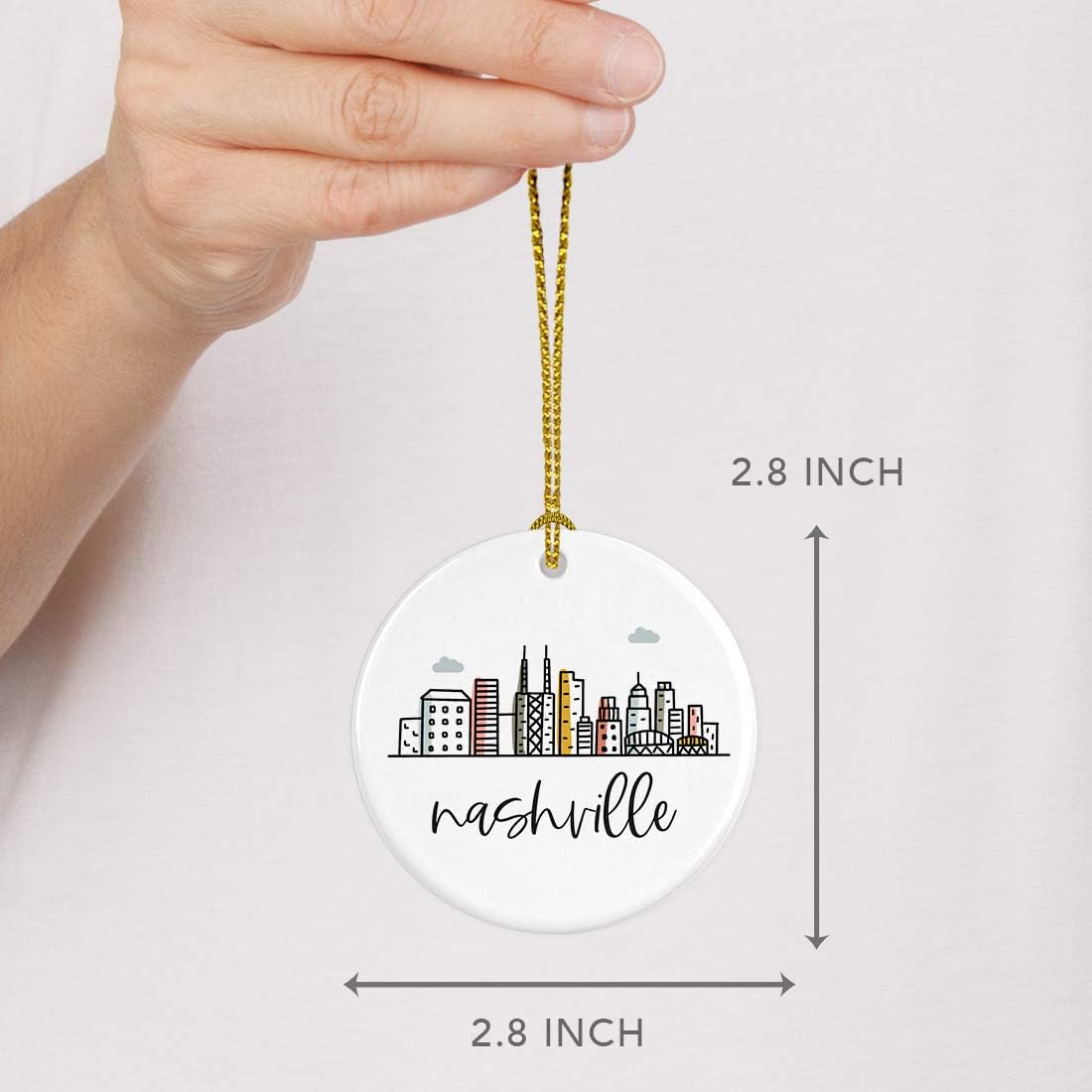Andaz Press Round Ceramic Porcelain Christmas Tree Ornament Keepsake, Nashville Colorful City Skyline 1-Pack Birthday Ideas Family Coworker Includes Box Ornament