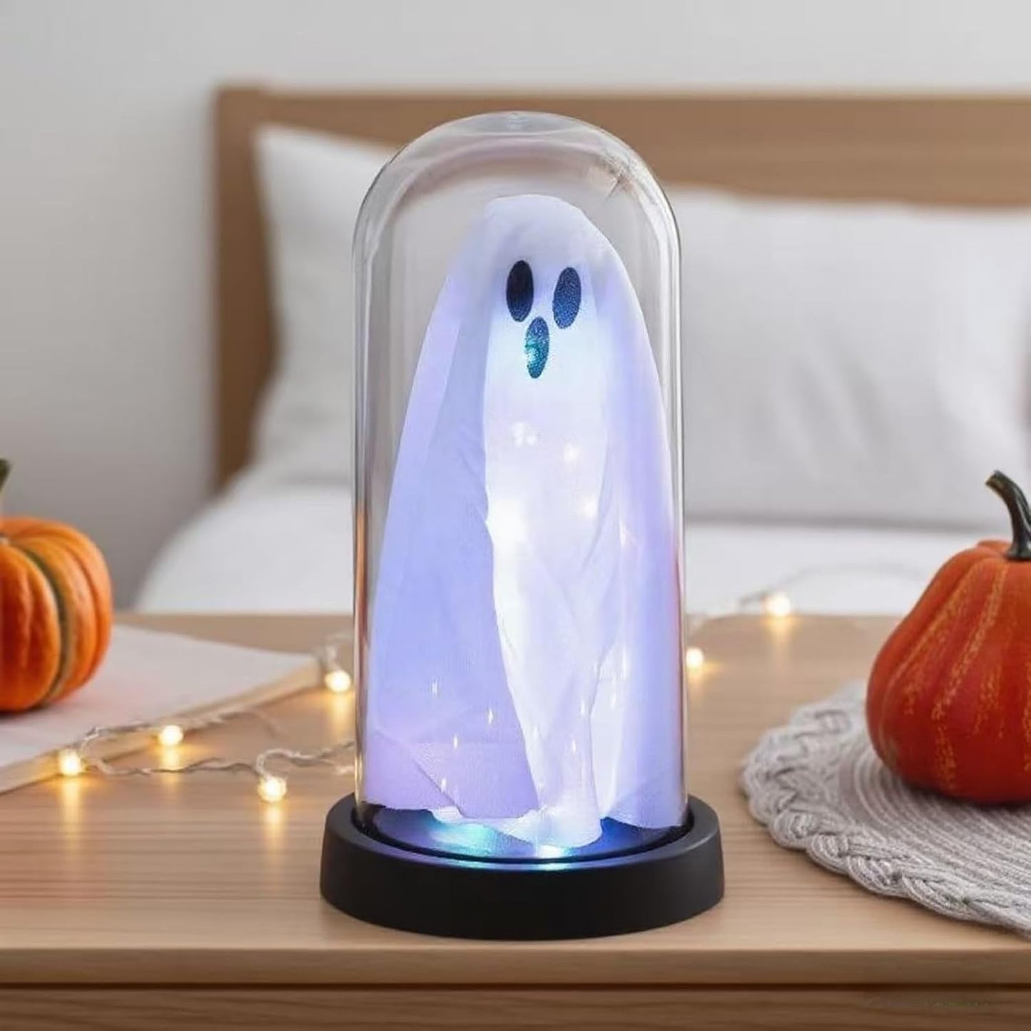 Light Up Ghost in Glass Cloche,Halloween Decorations Indoor,Cute LED Ghost Decor for Mantel,Tabletop,Cute Decorative Ornaments Suitable for Halloween Parties and Festivals(Warm Light,PVC Cover)