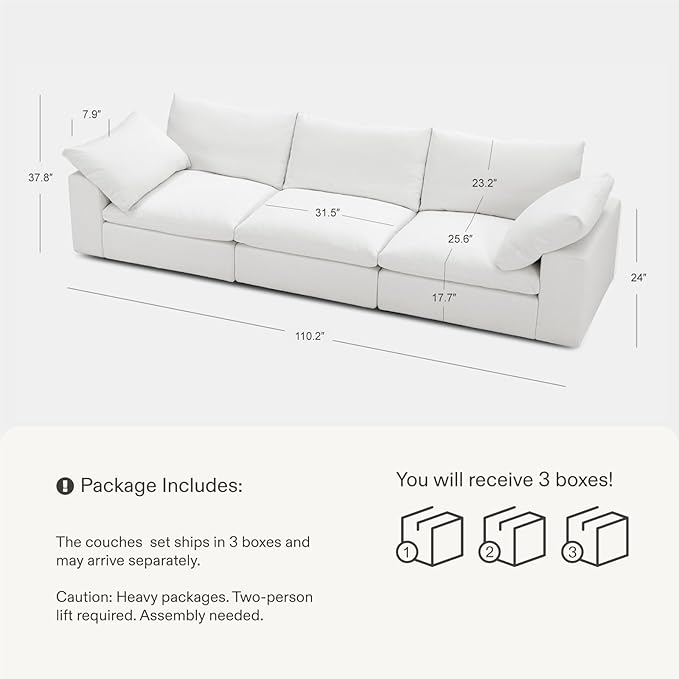 Modular Cloud Sofa, 110.2" Cloud Sectional Couches with Deep Seat, 3-Seat Couch for Living Room, Modern Comfy Couch with Washable Cover, Wide Armrest (White)