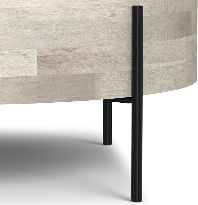 SIMPLIHOME Rayburn Drum Coffee Table - 38 inch Wide Solid Mango Wood Round Living Room Table in White Wash, Modern Urban Center Table for Family Room with Black Metal Legs and Large Surface