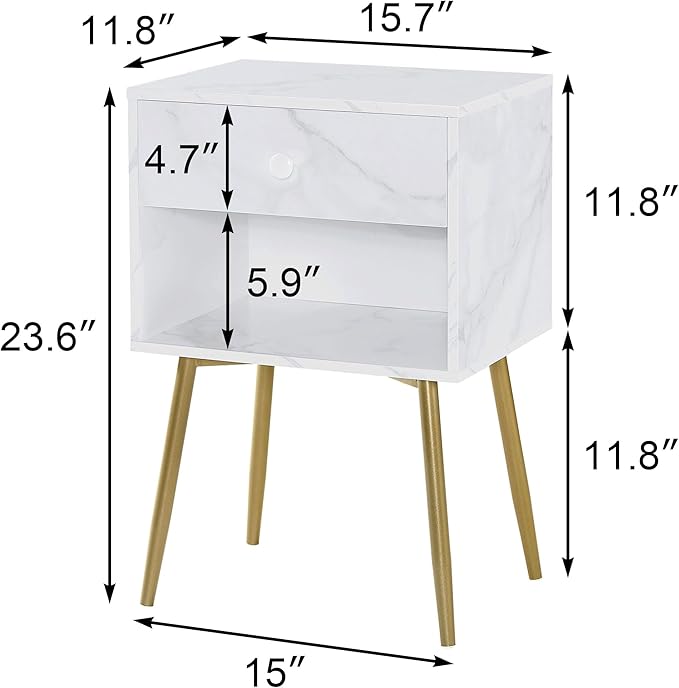 VECELO Nightstands Set of 2, Mid Century Modern End Bedside Table, Night Stand with Storage Drawer and 2 Tiers Open Shelf for Small Place, Bedroom, Living Room, Easy Assembly, White Gold