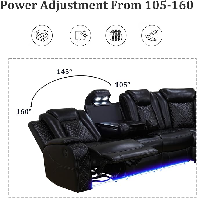 Power Reclining Sectional Sofa, Black Leather Couch with Recliners, Air Leather Sofa Couch with LED Lights/USB Port/Cup Holder for Living Room/Apartment/Office