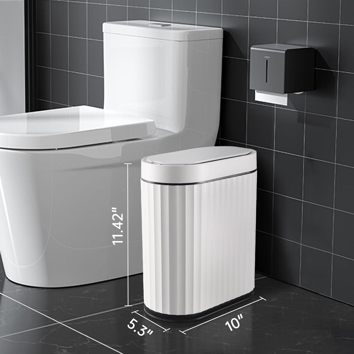 ELPHECO Bathroom Trash Can with Lid 2 Gallon Small Sensor Garbage Can, 9 Liter Slim Smart Trash Bin, Waterproof Automatic Wastebasket, Narrow Plastic Garbage Bin for Bathroom, Black and White