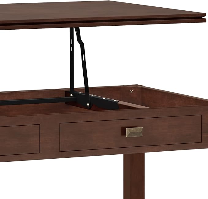 SIMPLIHOME Artisan Coffee Lift Top Table - 46 inch Wide Solid Wood Contemporary Cocktail Table in Russet Brown, Living Room with Hidden Storage Compartment, Open Shelf, and Square Knobs