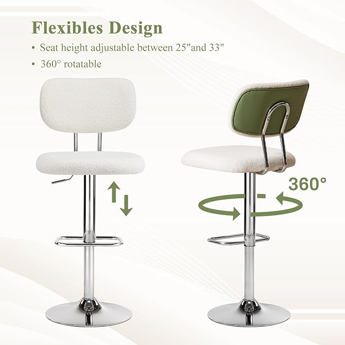 Furniliving Adjustable Bar Stools Set of 4, Modern Teddy Velvet Swivel Barstools with Curved Back, Stylish Armless Counter Height Bar Stools Bar Chairs for Kitchen Island, Bar, Green