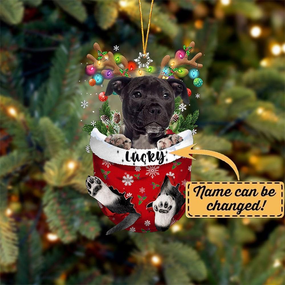 Black American Staffordshire Terrier Dog Christmas Ornament, Black American Staffordshire Terrier in Snow Pocket Christmas Tree Ornament, Dog Lovers Gift Idea Xmas Decor,Christmas Decorations for Tree