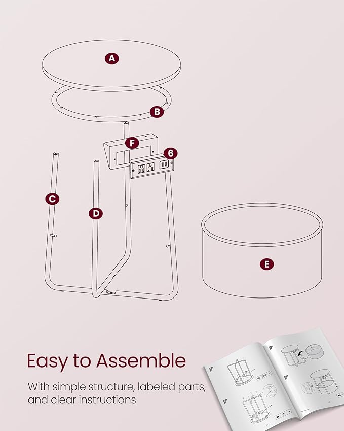 VASAGLE LILEA Collection - Side Table with Charging Station, Round End Table with Fabric Basket, Nightstand with USB Ports, for Living Room, Bedroom, Modern, Jelly Pink and Cream White ULET228R01