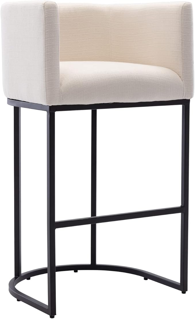 Contemporary Cream Linen Bar Stool, 32" Upholstered Fabric Counter Height Barstool Kitchen Counter Island Stool with Black Metal Base