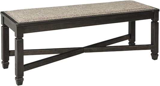 Signature Design by Ashley Tyler Creek Farmhouse Upholstered Dining Room Bench with Tapered Legs, Heavy Woven Fabric, Wood, 19.5" High Seat, Black & Gray