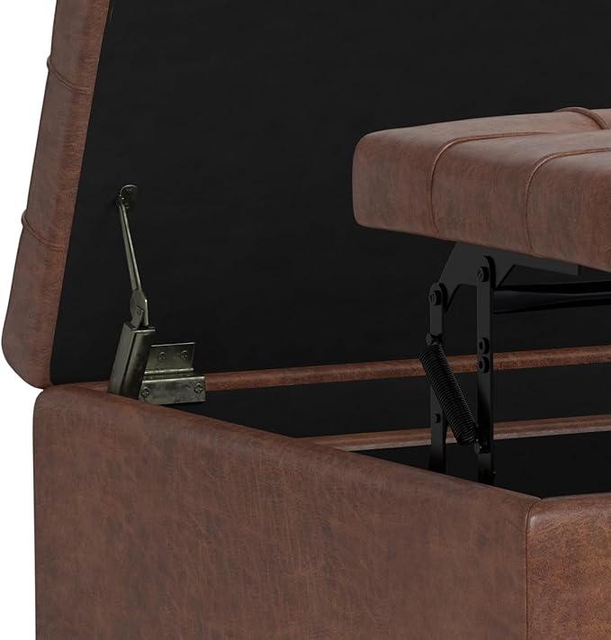 SIMPLIHOME Harrison 30 inch Wide Transitional Square Small Coffee Table Storage Ottoman in Distressed Saddle Brown Vegan Faux Leather, Assembled, for The Living Room and Bedroom