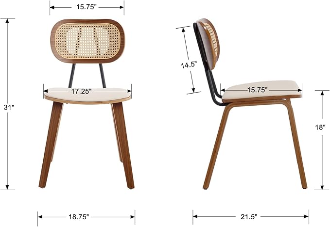 Mid-Century Dining Chairs Set of 4, PU Leather Kitchen Chairs with Rattan Backrest Wooden Legs Armless Design for Dining Room Living Room, Beige