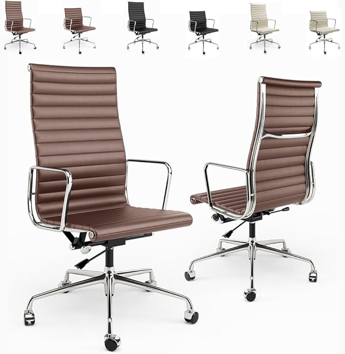Ribbed Office Chair Top Grain Leather Desk Chair High Back Genuine Leather Swivel Chairs with Aluminum Alloy Arms & Base, with Silent Nylon Wheels, High Adjustable and Tilting Function, Brown
