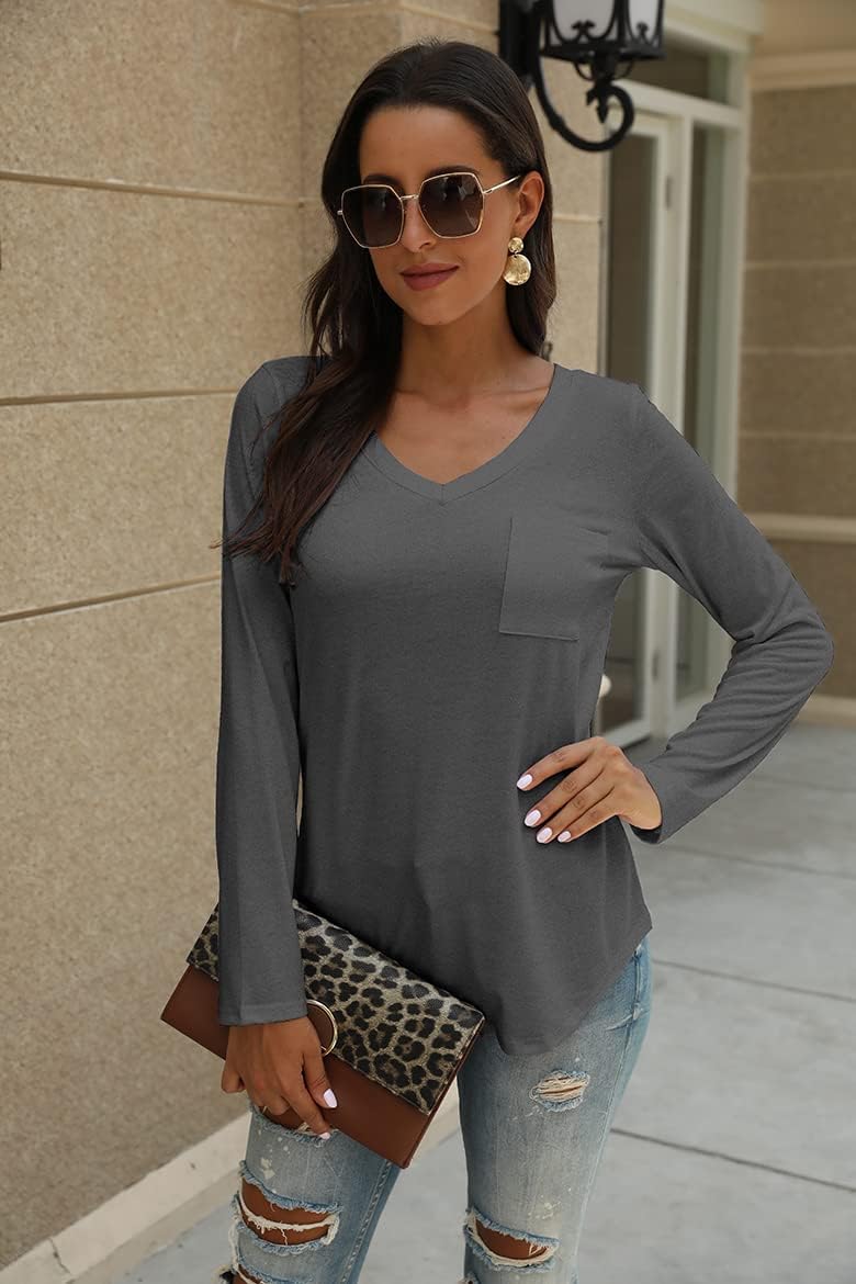 Tobrief Women's Long Sleeve V-Neck Shirts Fall Graphic Tees Loose Casual T-Shirt