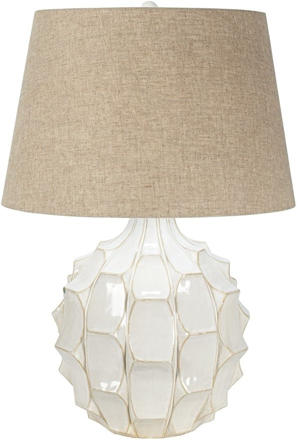 Possini Euro Design Cosgrove Mid Century Modern Table Lamp 26.5" High Ceramic White Glaze Light Brown Linen Drum Shade Decor for Living Room Bedroom House Bedside Nightstand Home (Color May Vary)