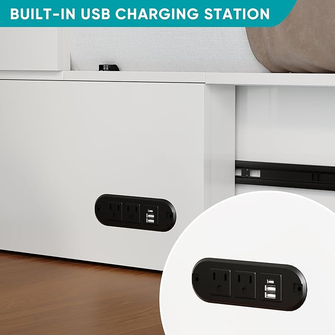 BALUS 63" W Queen Murphy Bed with Tri-Fold Mattress, Queen Size Murphy Cabinet Bed with 2 Storage Drawers & USB Charging Station, Chest Cabinet Beds for Bedroom Guest Room, White