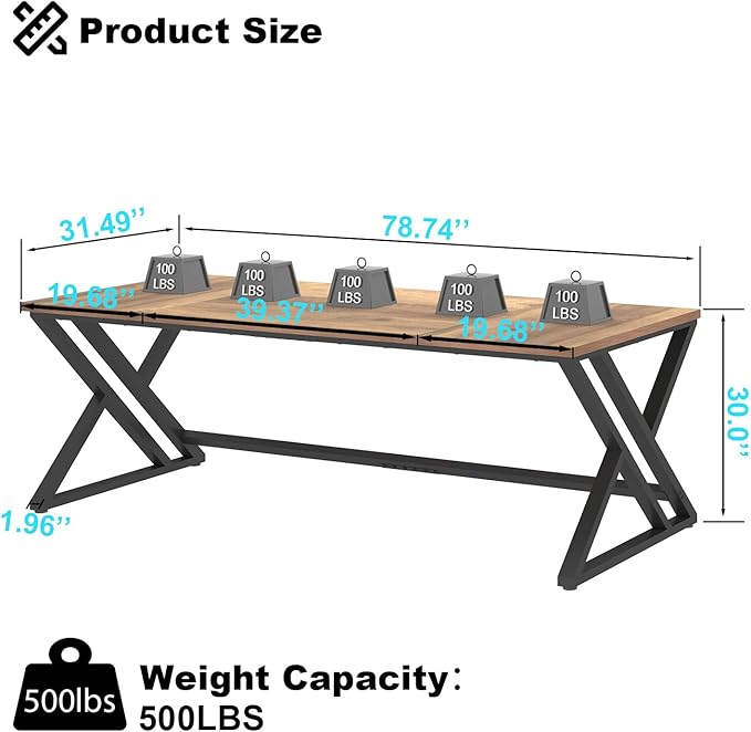 LVB Rustic Large Computer Desk, Extra Long Industrial Home Office Desk, Wood Pc Writing Work Study Computer Table Desk, Farmhouse Workstation Gaming Executive Desk for 2 Person, Rustic Oak, 78.7 Inch