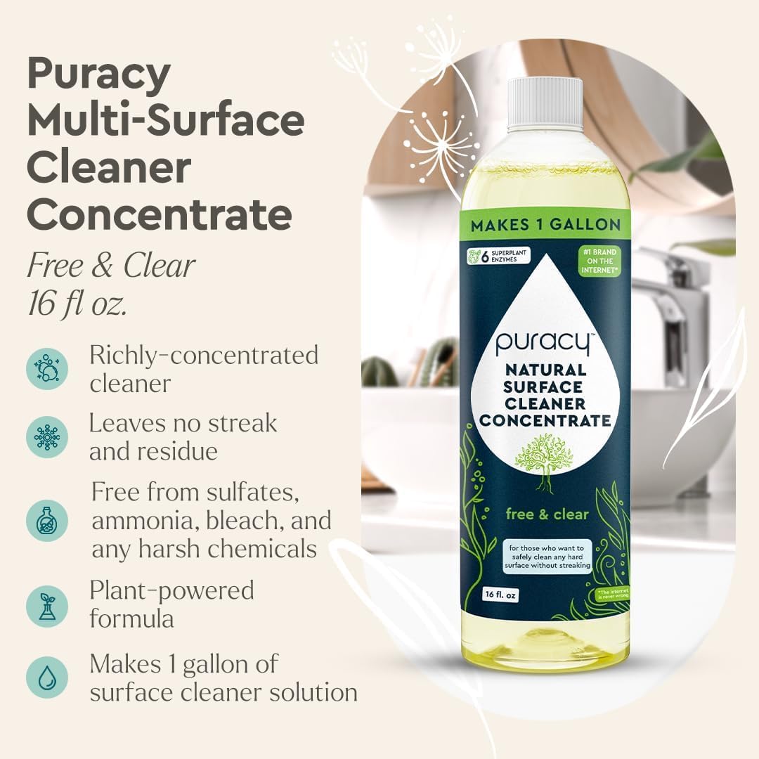 Puracy Multi-Surface Cleaner Concentrate - TikTok Trend Items, Natural All Purpose Cleaning Solution, Plant-Powered Cleaner Must Haves from TikTok Made Me Buy It (Free & Clear, 16 fl oz)