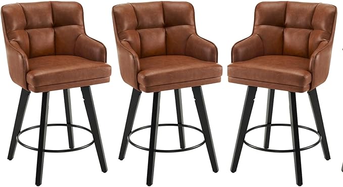 360°Swivel Counter Height Bar Stools with Back, 26 inch Solid Wood Legs, Bar Stool Modern Kitchen Island Chairs, Faux Leather (Brown- Faux Leather, 26" H- Set of 3)