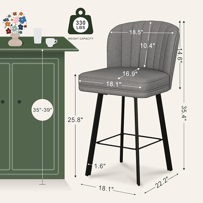 Swivel Counter Height Bar Stools Set of 4, 26'' Modern Barstools with Backs and Metal Legs, Upholstered Bar Chairs,Mid-Gray,Fabric Stools for Kitchen Island Chairs